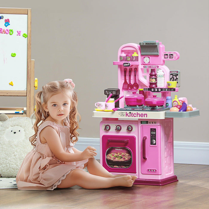 Play Kitchen, Kids Kitchen Playset Toy Kitchen with Lights, Sounds, 33 Accessories, Storage, Interactive Playset for Toddler 3-6 Years, Pink