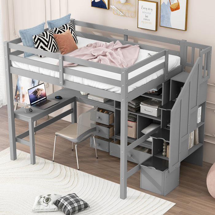 Full Size Loft Bed with L-Shaped Desk and Drawers, Cabinet and Storage Staircase, Gray - DTYStore
