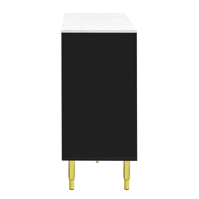 TREXM Modern Sideboard MDF Buffet Cabinet Marble Sticker Tabletop and Amber-yellow Tempered Glass Doors with Gold Metal Legs & Handles (Black)