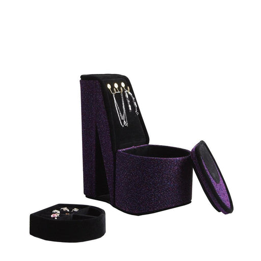 9" Tall Display Jewelry Box with Hooks, High Heel Shoe Design, Purple Velvet - DTYStore