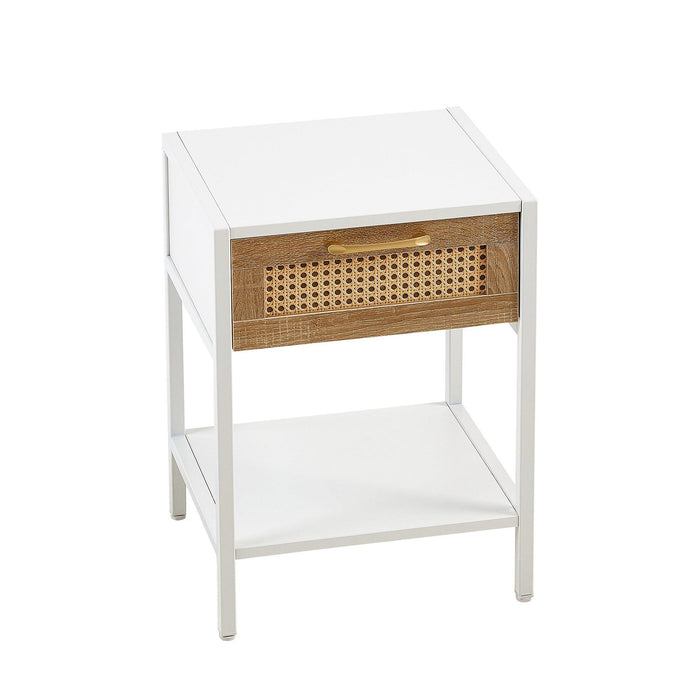 15.74" Rattan End table with drawer, Modern nightstand, metal legs,side table for living room, bedroom,white(1 pc) - DTYStore