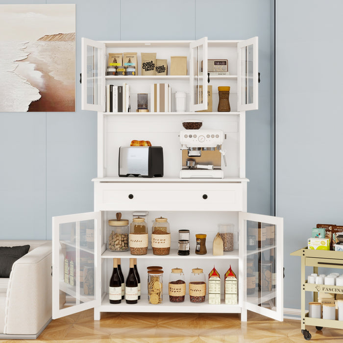 71' Pantry Storage Cabinet with Microwave Oven Countertop, Freestanding Hutch Cabinet with 3 Adjustable Shelves, 5 glass Doors and 1 Large Drawer-White - DTYStore