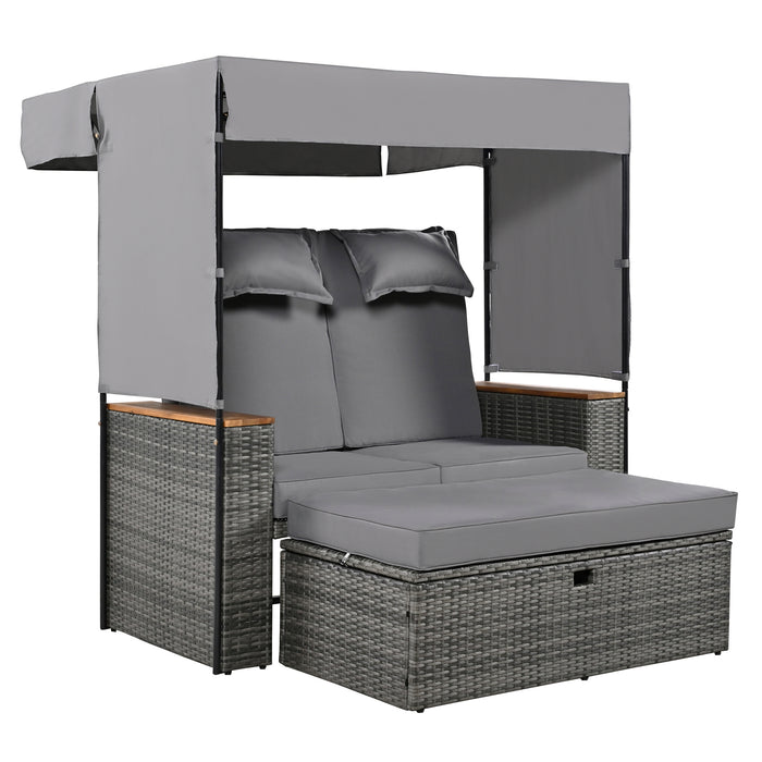 2-Piece Outdoor Rattan Daybed, Outdoor Bed with 5 Positions, Outdoor Loveseat Patio Sofa with Bench Lounge Roof Set and Cushions for Poolside, Backyard and Garden (Grey Wicker + Grey Fabric) - DTYStore