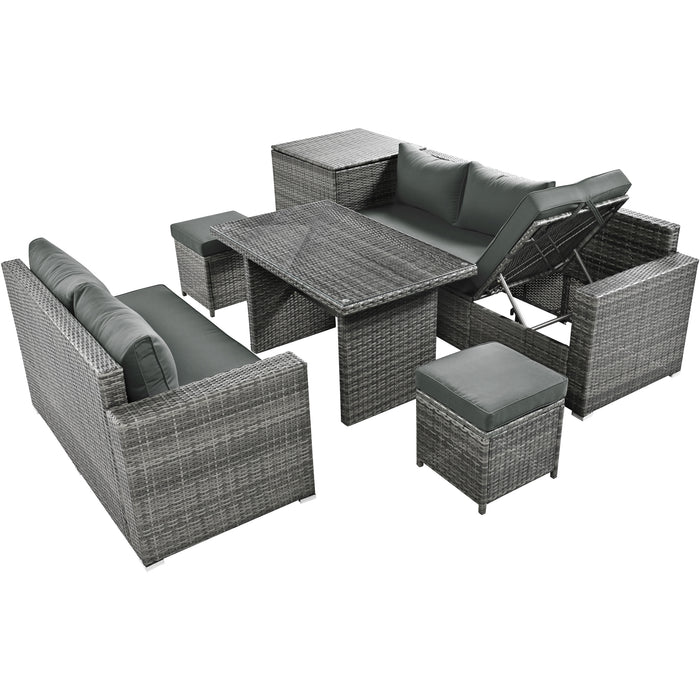 Outdoor 6-Piece All Weather PE Rattan Sofa Set, Garden Patio Wicker Sectional Furniture Set with Adjustable Seat, Storage Box, Removable Covers and Tempered Glass Top Table,Grey - DTYStore