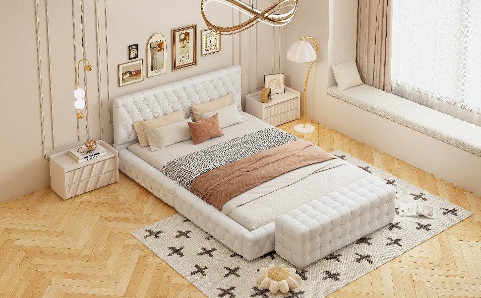 2-Pieces Bedroom Sets Queen Size Upholstered Bed with Rectangular Upholstered Ottoman for Bedroom,White