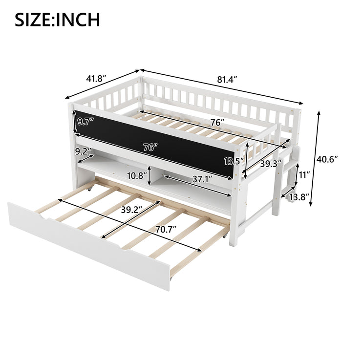 Twin Size Wood Low Loft Bed with Storage Shelves, Blackboard and Trundle, White - DTYStore