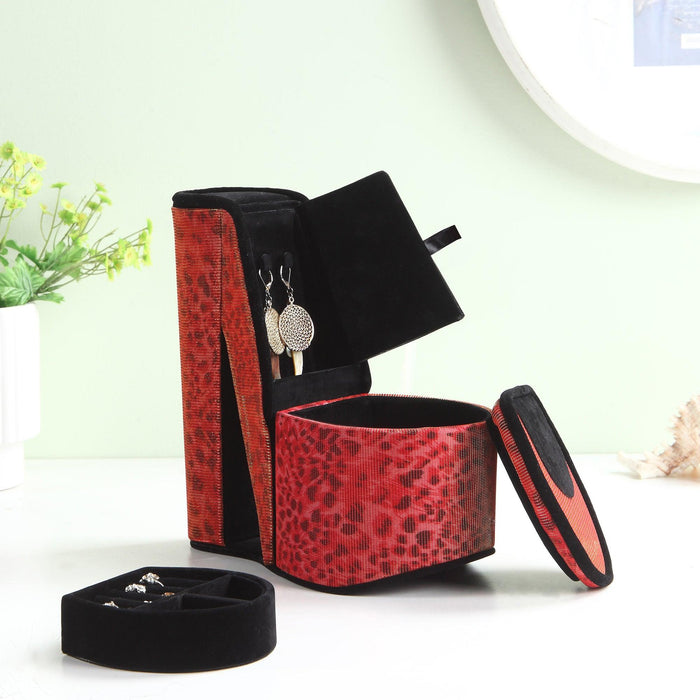 9" Tall Display Jewelry Box with Hidden Storage, High Heel Shoe Design, Leopard Print