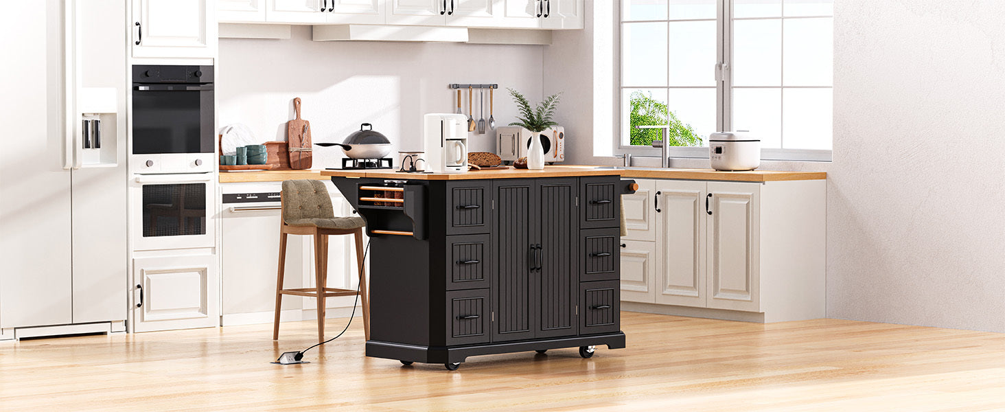 56 inch Kitchen Island with Rubber Wood Veneer Drop Leaf, Power Outlet, 4 Door Shelves, Embossed Vertical Stripe Rolling Kitchen Cart on 4 Wheels with 6 Deep Drawers for Kitchen, Dining Room,Black - DTYStore