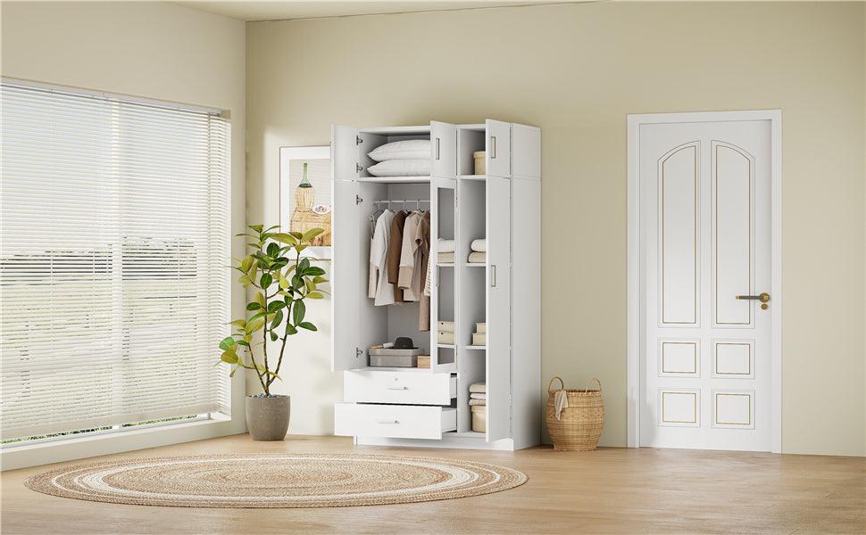 3-Door Mirror Wardrobe with 2 Drawers and Top Cabinet