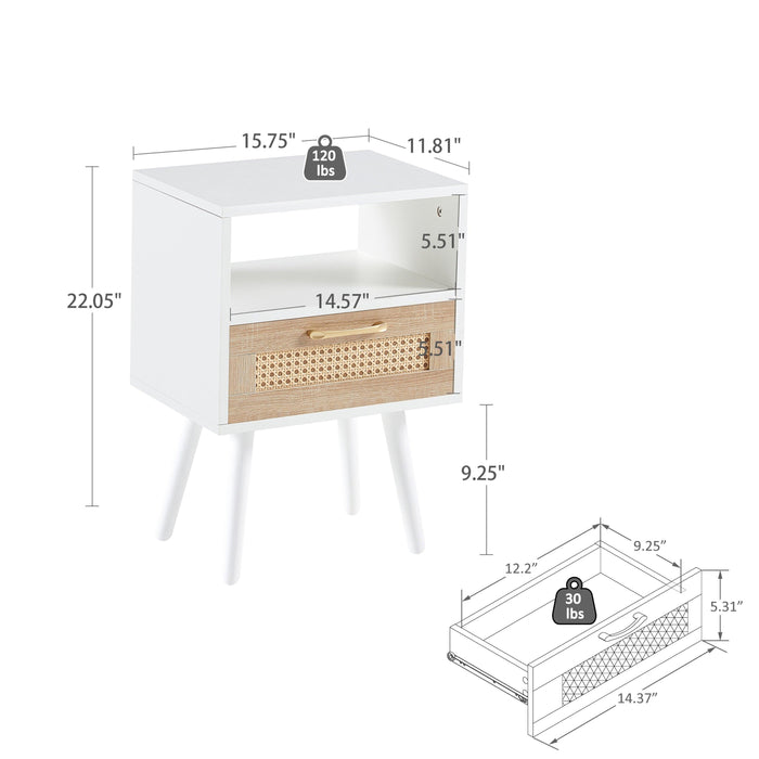 15.75" Rattan End table with drawer and solid wood legs, Modern nightstand, side table for living room, bedroom, white - DTYStore