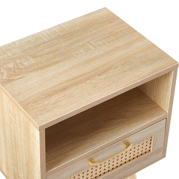 15.75" Rattan End table with drawer and solid wood legs, Modern nightstand, side table for living room, bedroom,natural - DTYStore