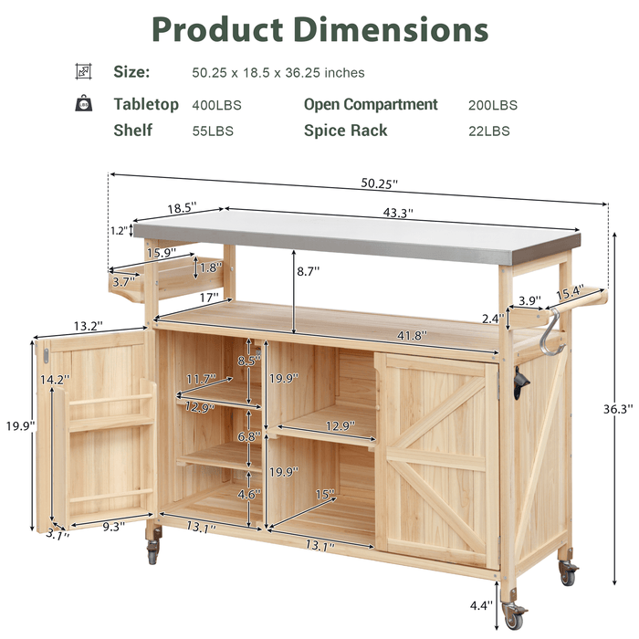 K&K Outdoor Kitchen Island, Rolling Bar Cart & Storage Cabinet, Farmhouse Solid Wood Outdoor Grill Table with Stainless Steel Top, Spice Rack , Towel Rack for Kitchen & BBQ , Natural