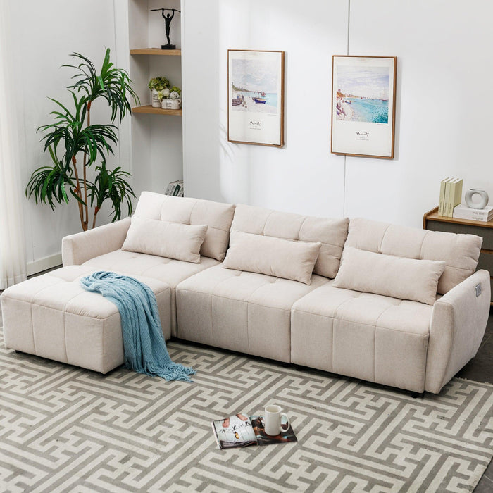 113.3" Convertible Sectional Sofa Couch 3-Seat L-Shaped with Movable Ottoman and USB