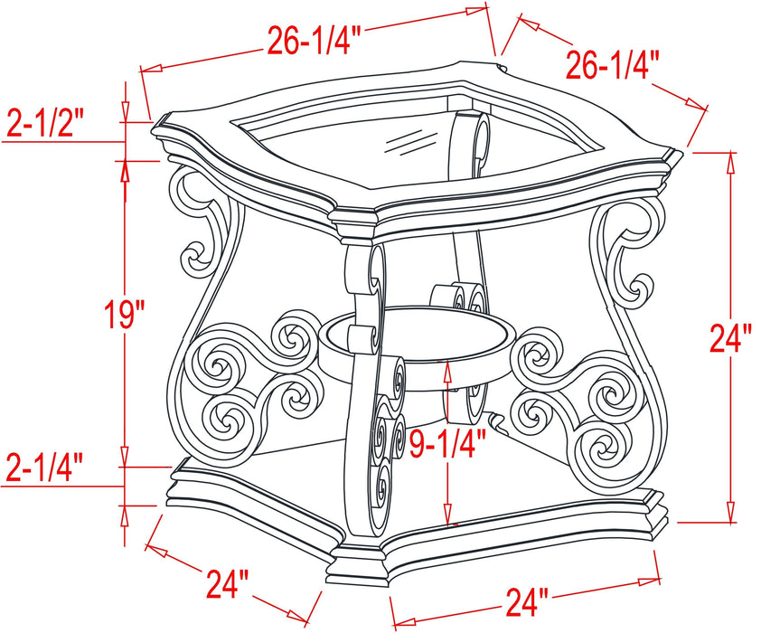 End table, Glass table top, MDF W/marble paper middle shelf, powder coat finish metal legs. (26.3"Lx26.3"Wx24"H)