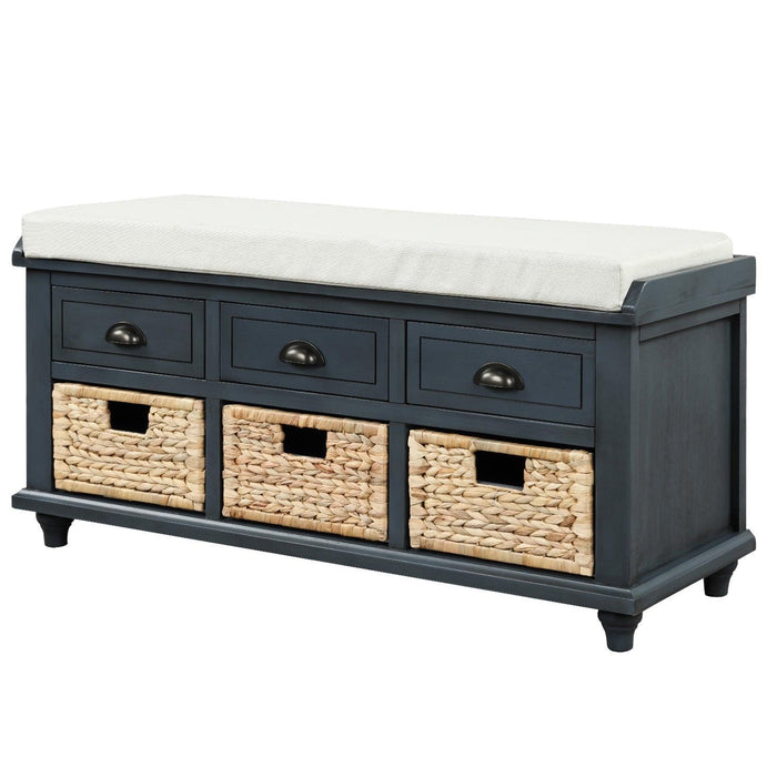 Rustic Storage Bench with 3 Drawers and 3 Rattan Baskets, Shoe Bench for Living Room, Entryway