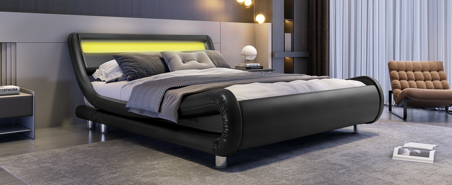 Full Bed Frame with Adjustable Headboard - Low Profile Sleigh Design, Strong Wood Slats Support and Mattress Foundation, No Box Spring Needed, Black - DTYStore