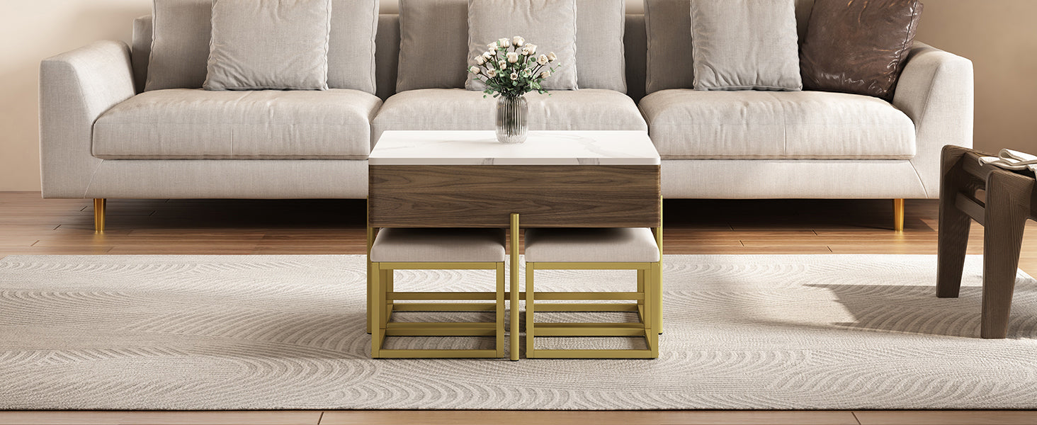 Modern Square Lift-Top Coffee Table Set with Storage & 4 Ottomans White & Walnut - DTYStore