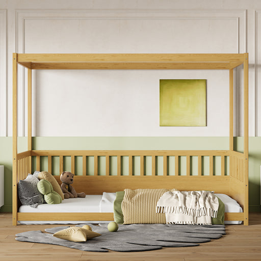 Twin Size Canopy Bed Frame with Guardrails for Kids,Floor Bed Twin with Four Poster Design,Kids Montessori Floor Bed,Wood Canopy Bed Frame for Girls,Boys(Twin,Natural) - DTYStore