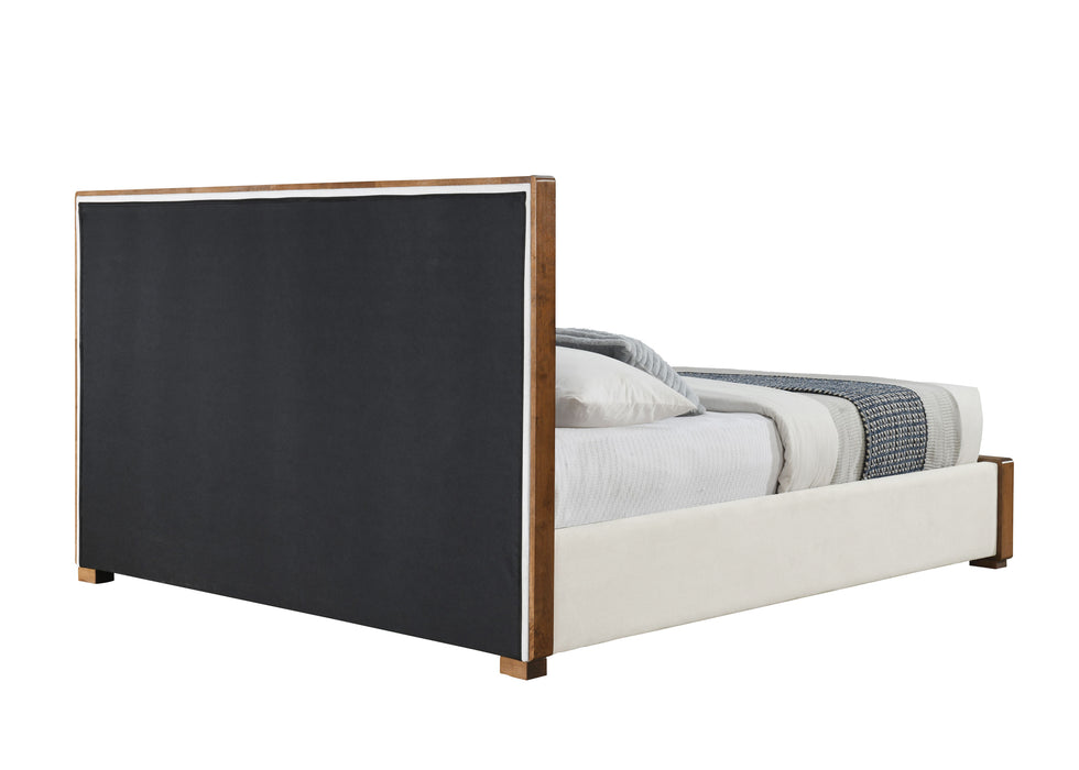 Kaleea Beige Chenille & Walnut Finish EK Bed - DTYStore