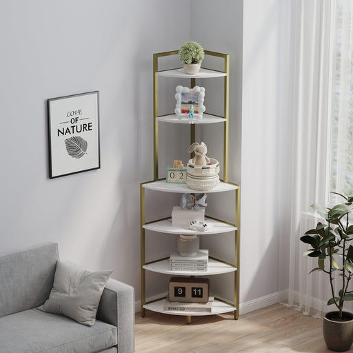 6-Tier Corner Open Shelf Modern Bookcase Wood Rack Freestanding Shelving Unit,Plant Album Trinket Sturdy Stand Small Bookshelf Space-Saving for Living Room Home Office Kitchen Small Space - DTYStore