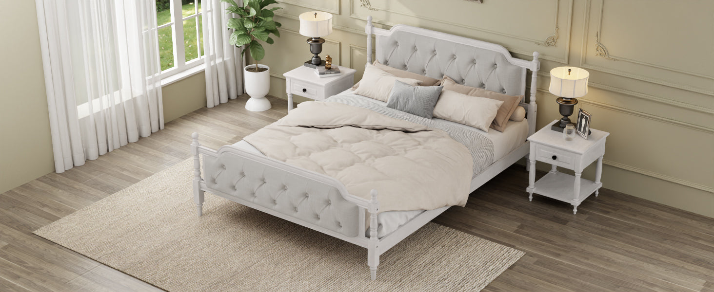 Traditional Style Solid Wood Bed Frame with Upholstered Tufted Headboard,No Box Spring Needed,Queen Size, Antique White - DTYStore