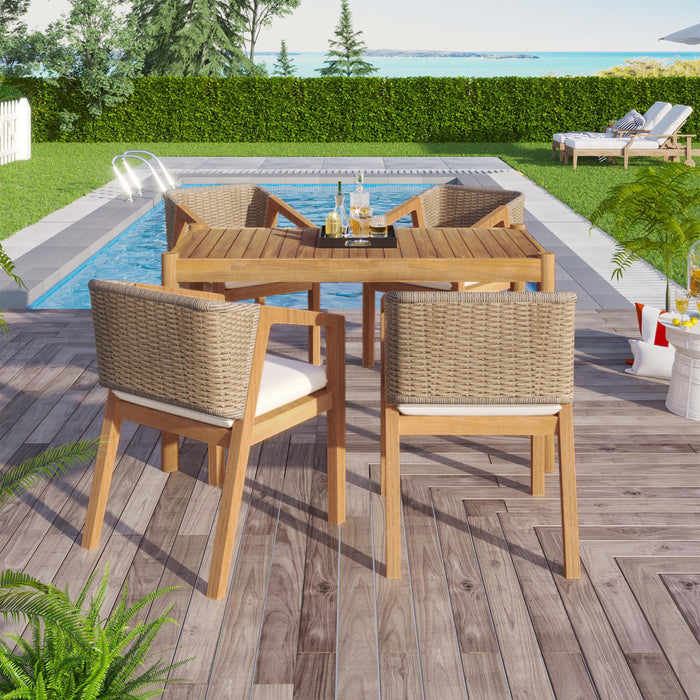 Acacia Wood Outdoor Dining Set of 5, Dining Furniture Set with 1 Table 4 Chairs, Teak and Beige - DTYStore