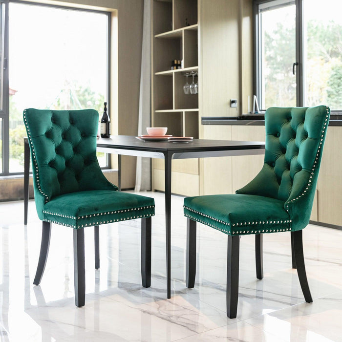 Nikki Collection Modern, High-end Tufted Solid Wood Contemporary Velvet Upholstered Dining Chair with Wood Legs Nailhead Trim 2-Pcs Set,Green