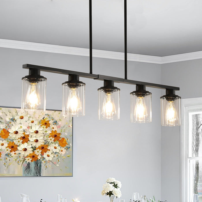 Modern Industrial 5-Light Chandelier with Clear Glass Shades, Matte Black Metal Frame Hanging Ceiling Light Fixture for Dining Room, Kitchen Island, Living Room (No Bulbs)