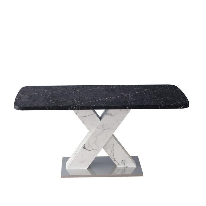 Modern Square Dining Table,Stretchable,Printed Black Marble Table Top+MDF White X-Shape Table Leg with Metal Base