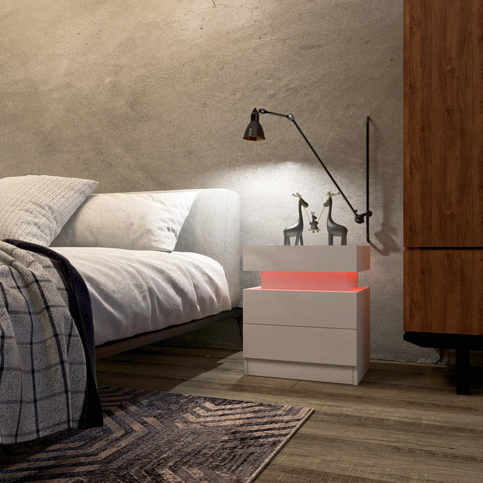 LED Nightstand Modern White Nightstand with Led Lights Wood Led Bedside Table Nightstand with 2 High Gloss Drawers for Bedroom