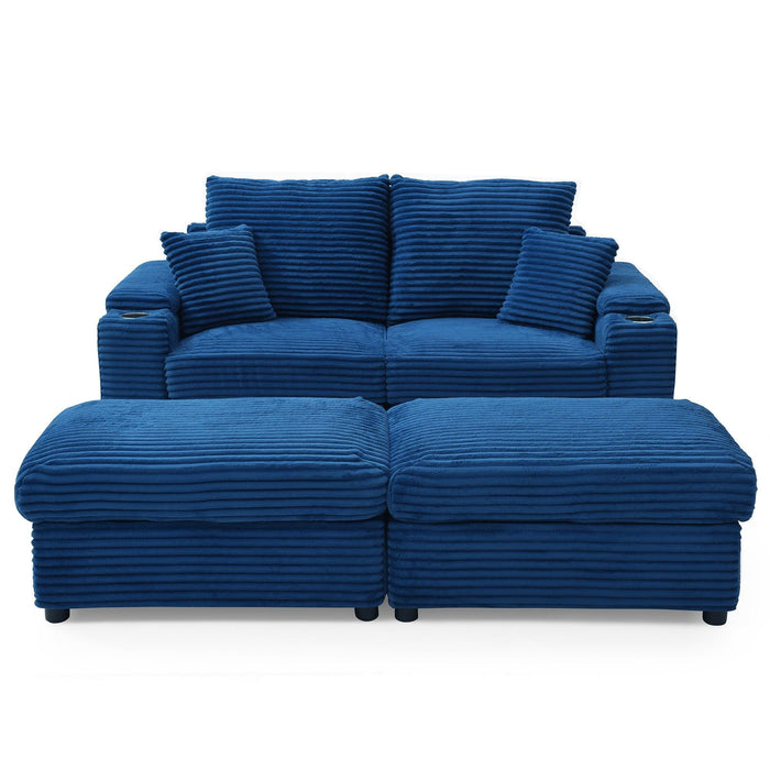 Loveseat with Ottomans,Corduroy Fabric Modular Sectional Sofa,Comfy Deep Plush Couch with Ottomans and Two Pillows,for Small Spaces, Living Room,Bedroom, Office, 5 Colors,Blue