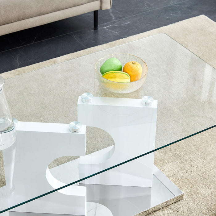 A rectangular modern and fashionable coffee table with tempered glass tabletop and white MDF legs. Suitable for living room.47.2"*25.5"*18"