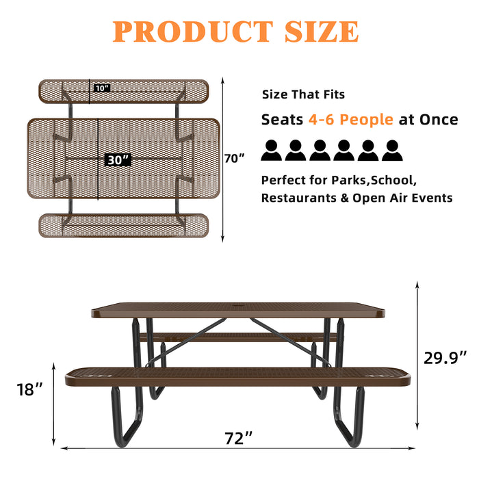 72' Expanded Metal Rectangular Picnic Table, Brown - DTYStore