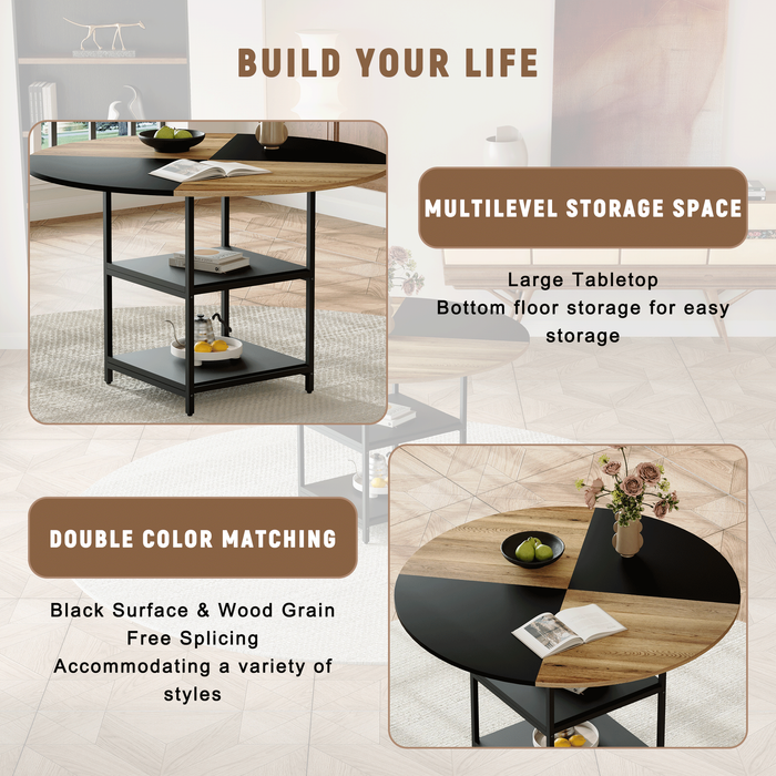 47.3-inch diameter modern splicing circular dining table - double-layer storage, wood and black fan-shaped diagonal color matching design, interpreting home aesthetics and practicality. - DTYStore