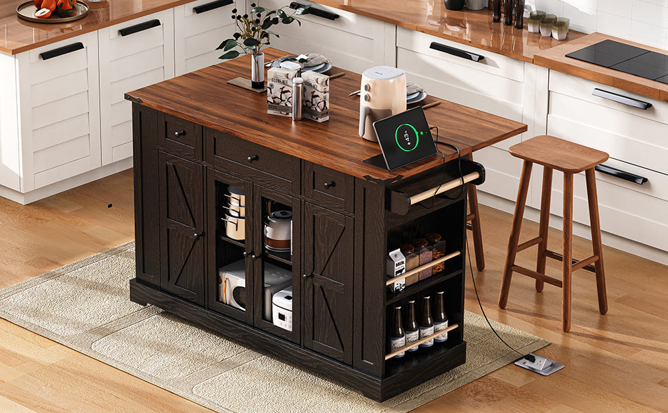 53'' Farmhouse Kitchen Island with Two Tempered Glass Cabinet Doors, Power Outlet, Rolling Kitchen Cart on Wheels with Drop Leaf, 5 Open Side Racks, 3 Drawers, for Kitchen, Dining Room, Black - DTYStore