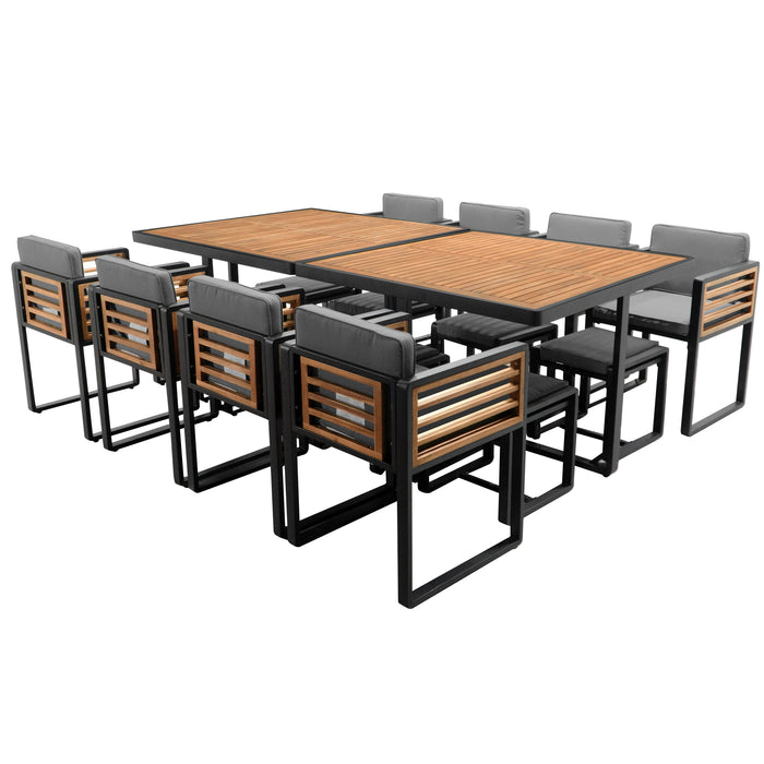 GO 18-Pieces Acacia Wood Patio Dining Set, Space Saving Outdoor Patio Set, 8 Cushioned Chairs & 8 Ottomans & 2 Square Table, for Backyard, Garden, Deck and Poolside, Gray - DTYStore