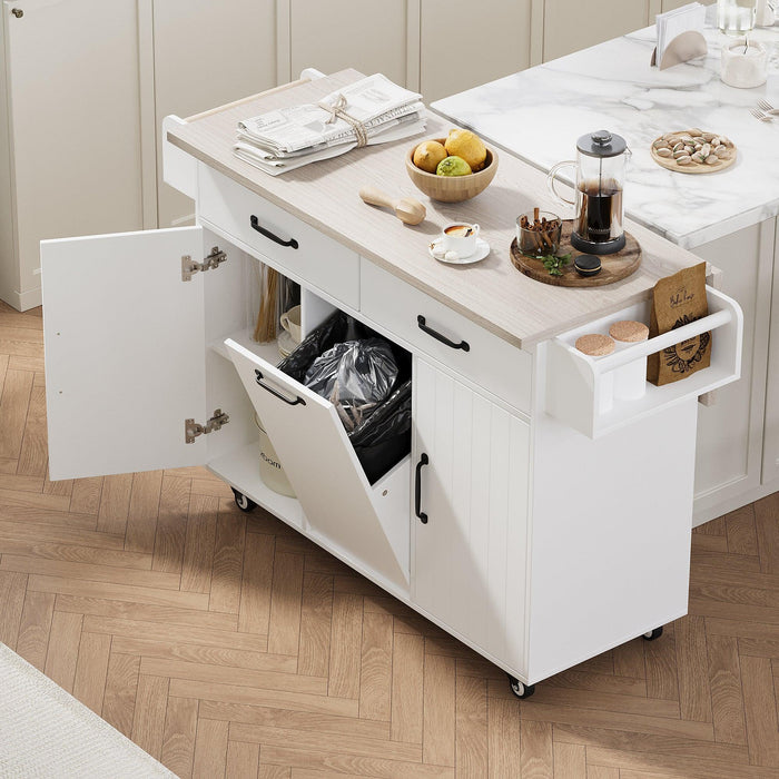 Kitchen Island with Trash Can Storage Cabinet, Kitchen Cart with Drop Leaf, Spice Rack, Towel Rack and Drawer, Rolling Kitchen Island on Wheels with Adjustable Shelf, White - DTYStore