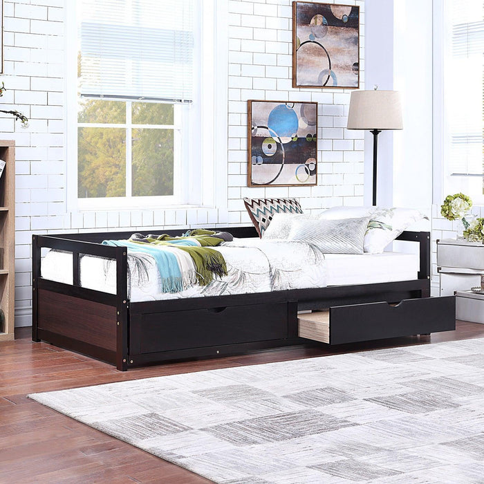 Wooden Daybed with Trundle Bed and Two Storage Drawers , Extendable Bed Daybed,Sofa Bed for Bedroom Living Room,Espresso - DTYStore
