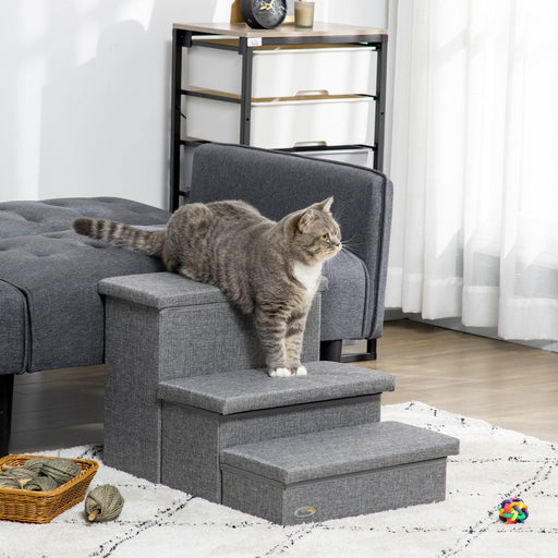 3-Steps Pet Stairs with Storage, Dog Steps for Couch, Bed, Pet Steps for Injured Pet, Older Pets, Small Cats, gray - DTYStore