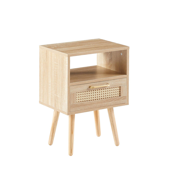 15.75" Rattan End table with drawer and solid wood legs, Modern nightstand, side table for living room, bedroom,natural - DTYStore