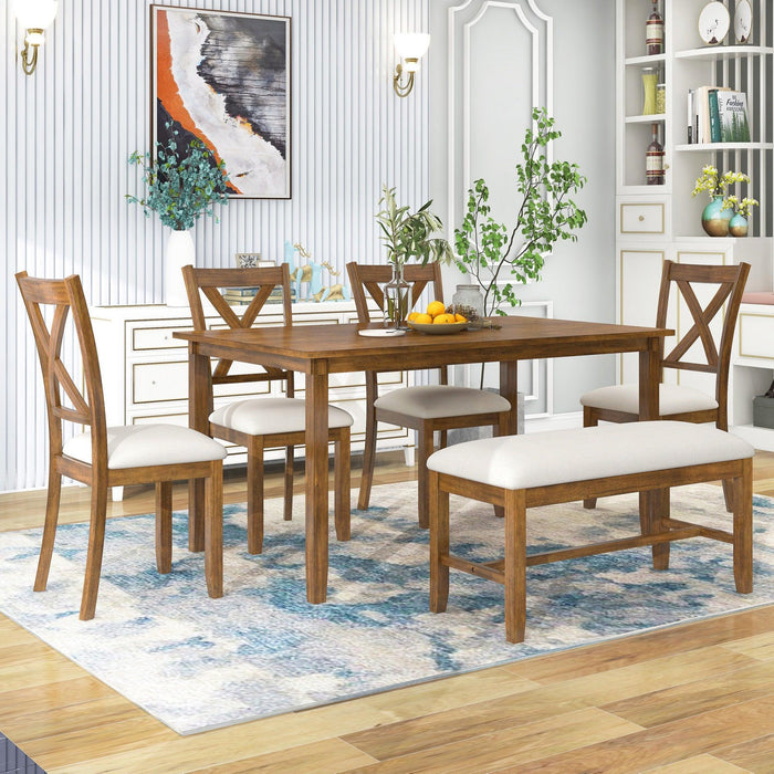 6-Piece Kitchen Dining Table Set Wooden Rectangular Table, 4 Chairs and Bench Family Furniture