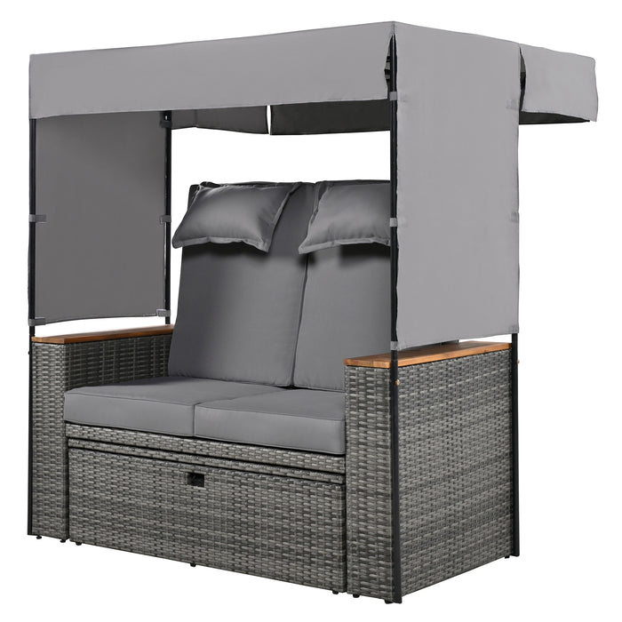 2-Piece Outdoor Rattan Daybed, Outdoor Bed with 5 Positions, Outdoor Loveseat Patio Sofa with Bench Lounge Roof Set and Cushions for Poolside, Backyard and Garden (Grey Wicker + Grey Fabric) - DTYStore