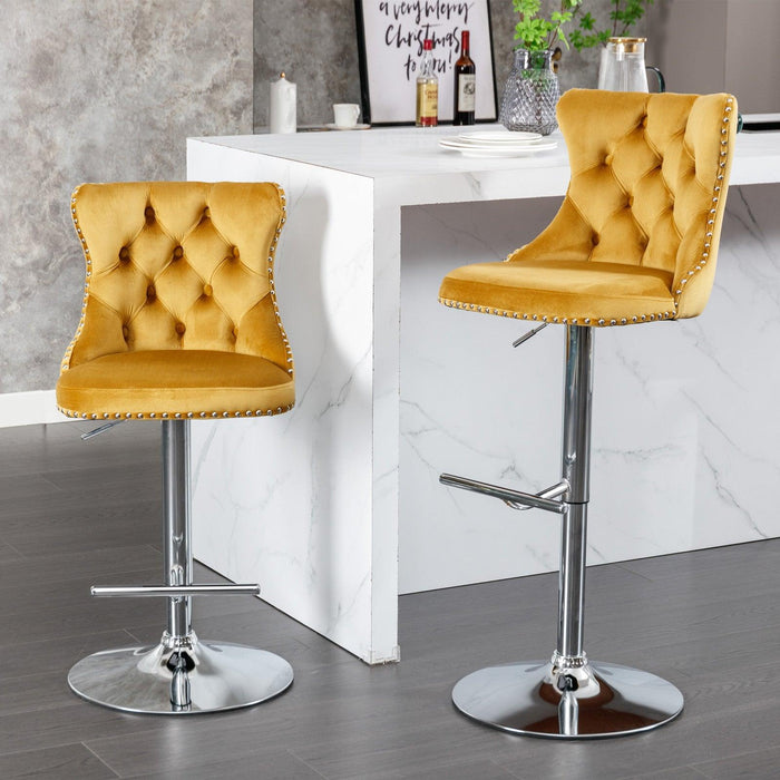 A&A Furniture,Swivel Velvet Barstools Adjusatble Seat Height from 25-33 Inch, Modern Upholstered Chrome base Bar Stools with Backs Comfortable Tufted for Home Pub and Kitchen Island（Gold,Set of 2）