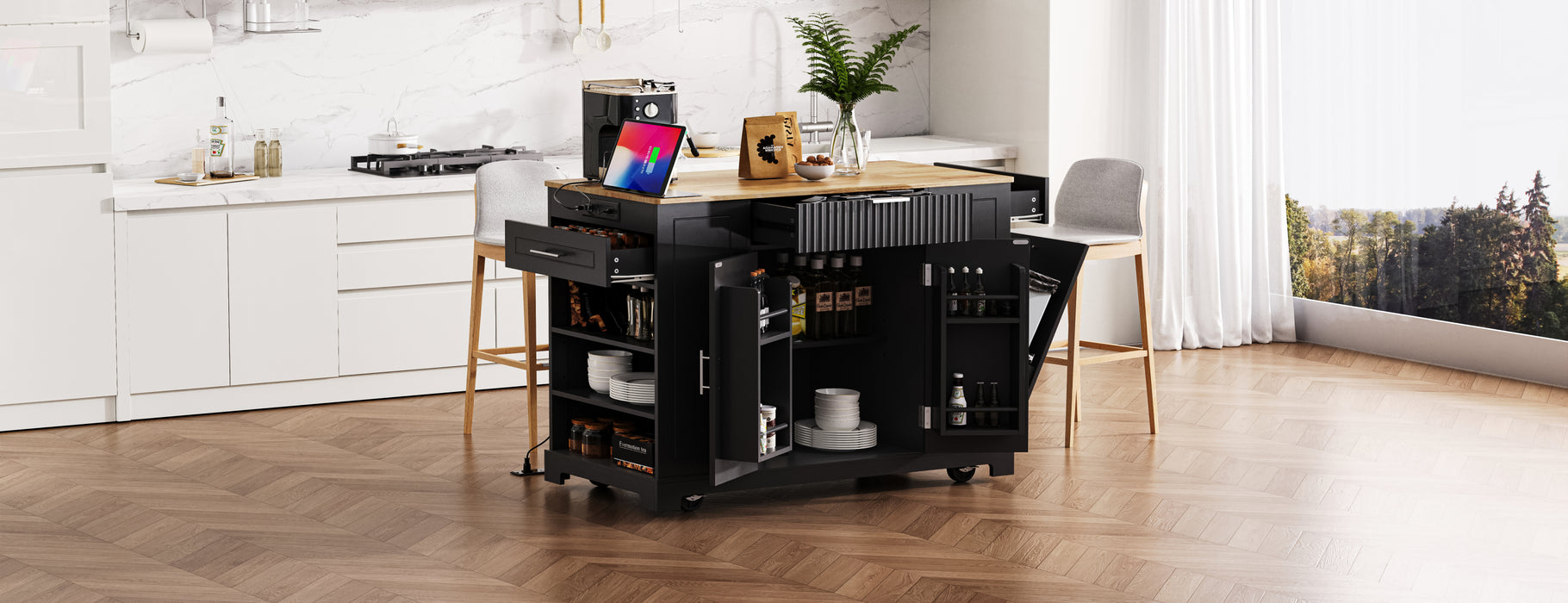 Fluted Kitchen Island with Trash Can Storage Cabinet, Power Outlet, Internal Storage Rack, Rolling Kitchen Islands on 5 Wheels with 3 Drawer, 3 Open Side Racks for 10 Gallon Garbage Bin, Black - DTYStore