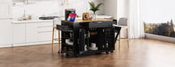 Fluted Kitchen Island with Trash Can Storage Cabinet, Power Outlet, Internal Storage Rack, Rolling Kitchen Islands on 5 Wheels with 3 Drawer, 3 Open Side Racks for 10 Gallon Garbage Bin, Black - DTYStore