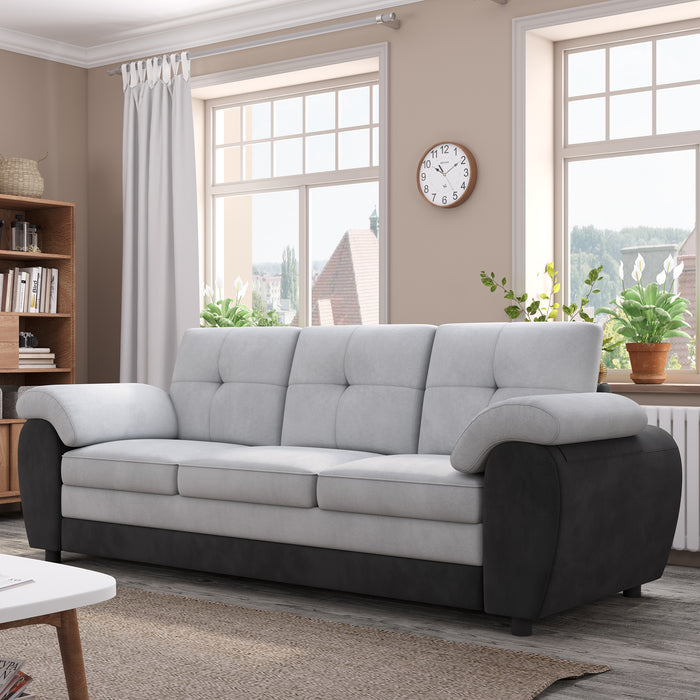 81.9″ Large size Three Seat Sofa,Modern Upholstered,Black leather paired with light gray velvet - DTYStore