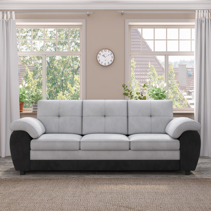 81.9″ Large size Three Seat Sofa,Modern Upholstered,Black leather paired with light gray velvet - DTYStore