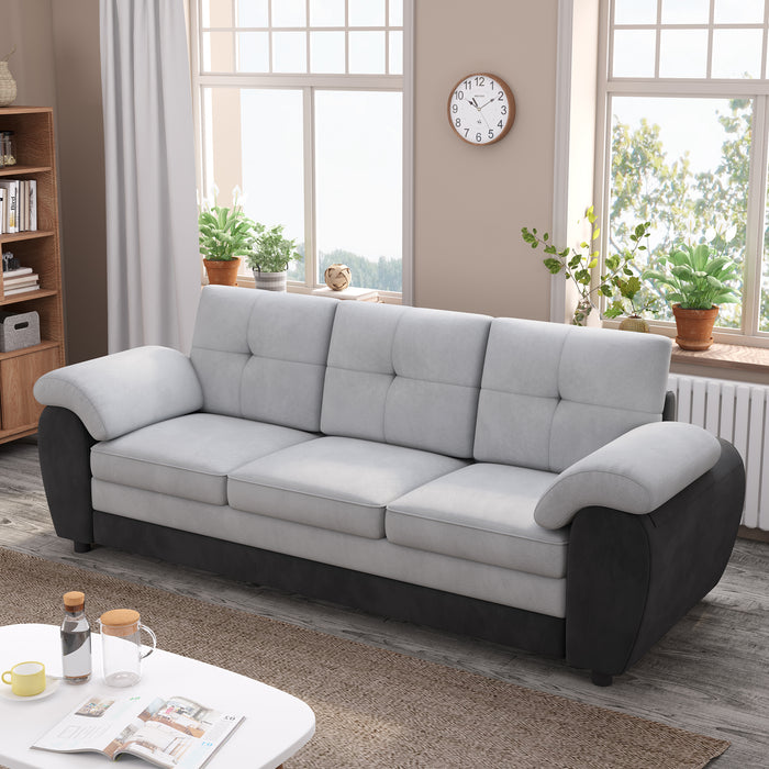 81.9″ Large size Three Seat Sofa,Modern Upholstered,Black leather paired with light gray velvet - DTYStore