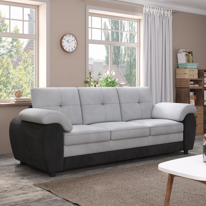 81.9″ Large size Three Seat Sofa,Modern Upholstered,Black leather paired with light gray velvet - DTYStore