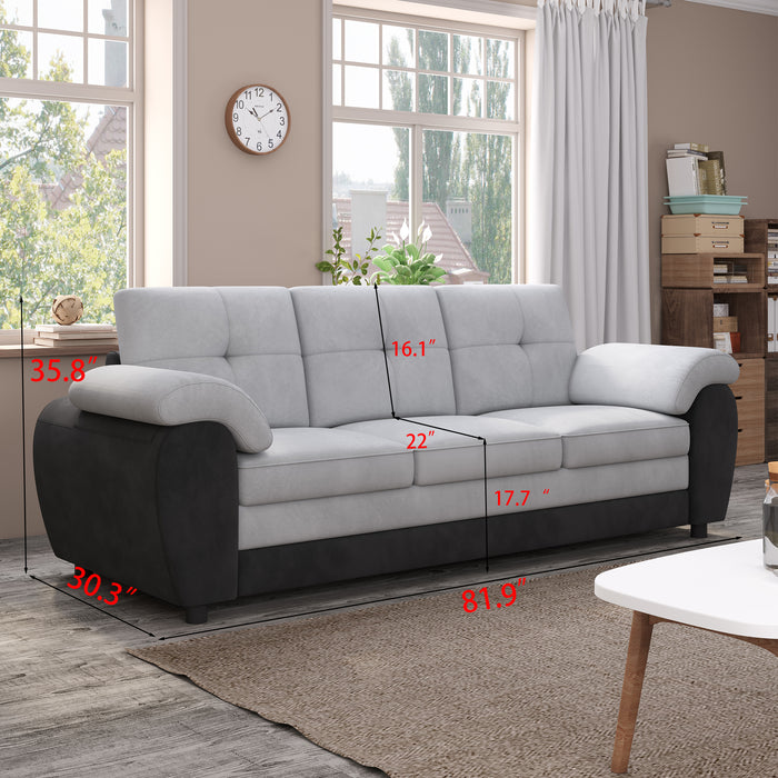 81.9″ Large size Three Seat Sofa,Modern Upholstered,Black leather paired with light gray velvet - DTYStore